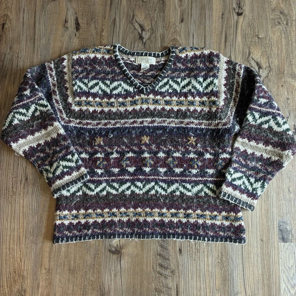 Studio Works Women’s 21x22 Multicolor Fair Isle Knit Crewneck Pullover Boxy Fit